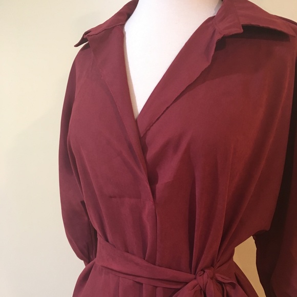 Burgundy Tie Waist Shirttail Hem High Low Shirt Dress - Picture 6 of 7